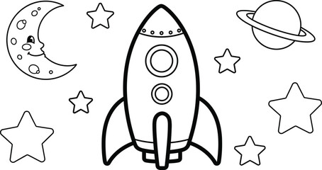 Cartoon rocket ship with moon and stars outline for kids coloring pages and space exploration themes © Halima