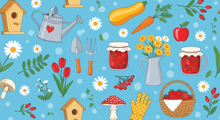 Summer garden harvest seamless pattern illustration vector. cute gardening objects fruit vegetable berry flower jam mushroom watering can tool. © cvei