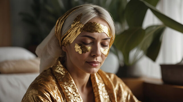 Luxury gold facial treatment at spa &ndash; woman with golden skincare mask. Premium skincare and wellness concept featuring a gold face mask