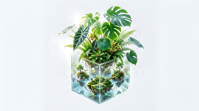 Vibrant ecosystem of floating islands with lush green plants inside a glass cube