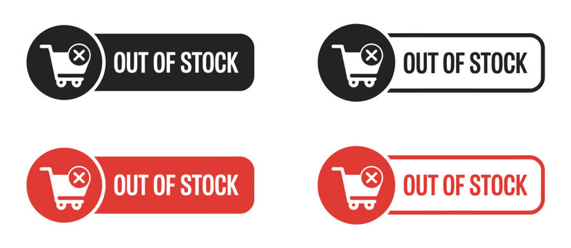 Out of stock red stamp banner signs set, retail unavailable notice labels for e commerce, shopping and product inventory alerts