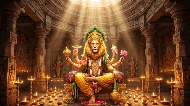Serene Narasimha Seated in a Golden Temple