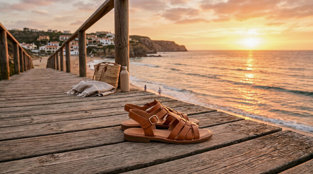 Sandalias de verano junto al mar con atm&oacute;sfera c&aacute;lida y relajante.