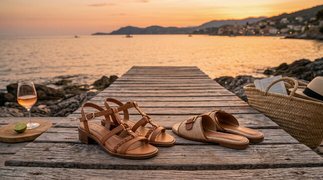 Sandalias de verano junto al mar con atm&oacute;sfera c&aacute;lida y relajante.