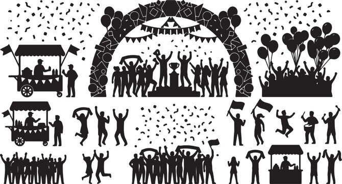 Group of people celebrating with arms raised in victory, stylized silhouette