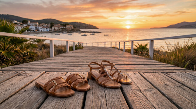 Sandalias de verano junto al mar con atm&oacute;sfera c&aacute;lida y relajante.