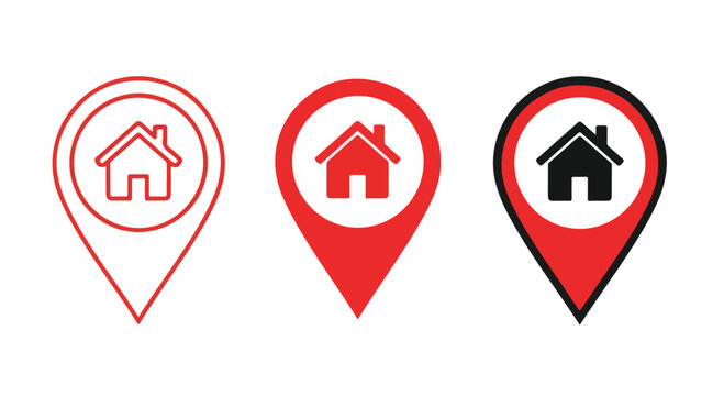 Real estate location icons with house symbols in red and black on white background