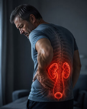 Man Suffering from Kidney Pain with Polycystic Kidney Disease Visualization