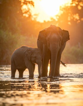 Baby-Elefant neben Mutter im Fluss