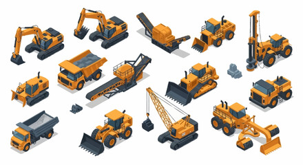 Collection of orange construction vehicles in isometric style. © Bunga