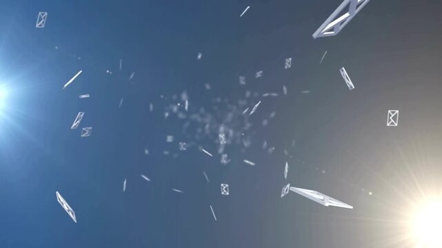 3D animation of white email envelope icons flying towards the camera on a blue digital background, representing internet communication and networking