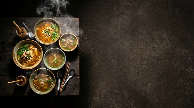 Hot steaming bowls of asian noodle soup on a rustic wooden table