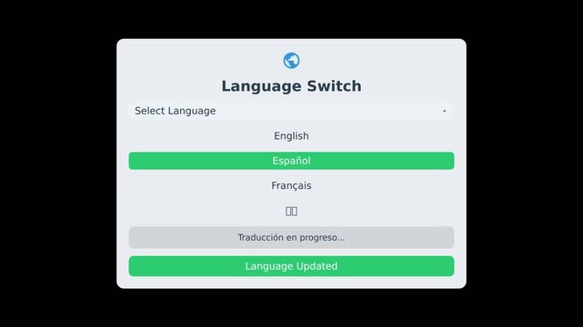 Language switch interface with options for English, Spanish, French  