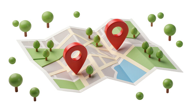 Red map pins on folded paper map with green trees, isolated on transparent background