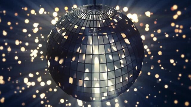Rotating mirrored disco ball reflecting bright golden light flares and glowing particles, creating a festive nightlife and club party atmosphere