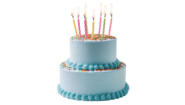 Two-tiered pastel blue birthday cake with colorful candles and sprinkles, isolated on transparent background