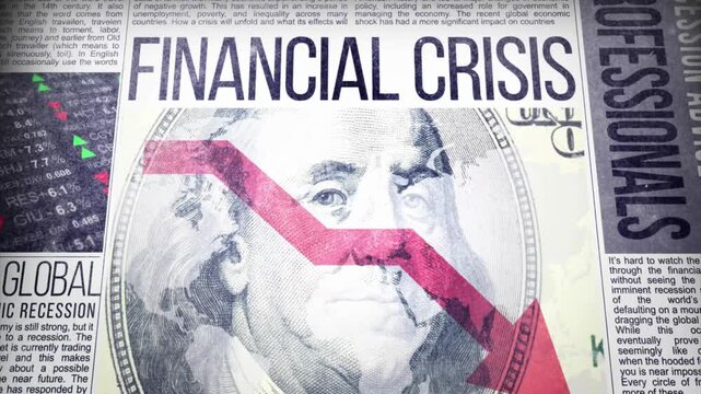 Motion graphics of a newspaper headline reading Financial Crisis with a red downward trending graph arrow indicating severe economic recession