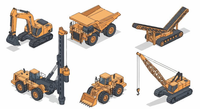 Collection of orange construction vehicles and heavy machinery.
