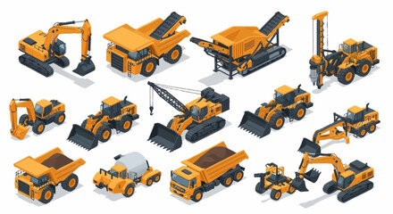 Collection of isometric construction vehicles and heavy machinery, isolated on white background. © Bunga
