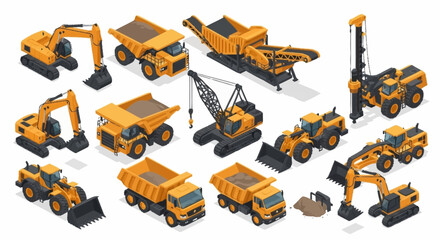Collection of yellow construction vehicles in isometric style. © Bunga