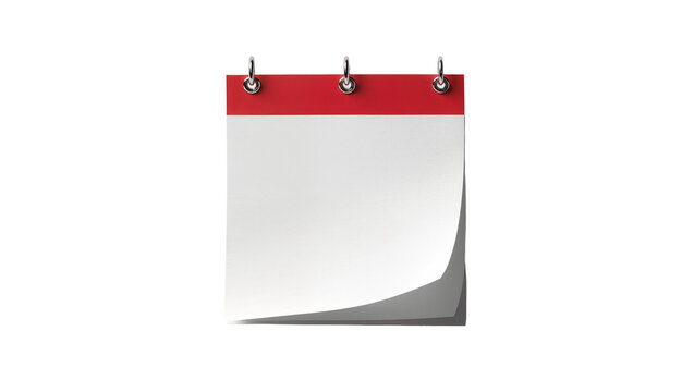 Red top blank calendar with three silver rings, isolated on transparent background