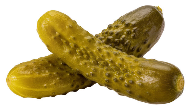 Two bumpy gherkins crossed, isolated on transparent background