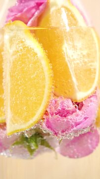 Macro of air bubbles on a lemon and roses in refreshing drinking water