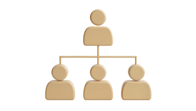 Beige 3D organizational chart with one leader and three subordinates, isolated on transparent background