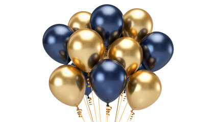 Shiny metallic gold and navy blue balloons with ribbons, isolated on transparent background © Giulia