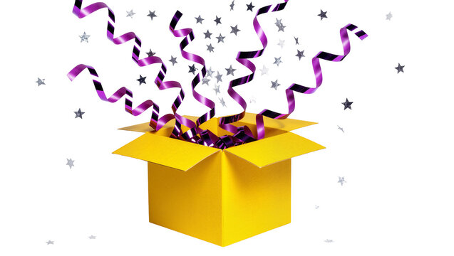 Yellow open gift box with purple streamers and silver stars exploding, isolated on transparent background