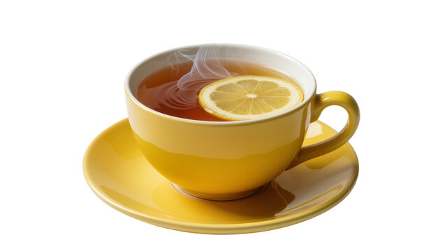 Yellow teacup with hot tea and lemon slice steam rising, isolated on transparent background