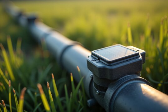 Closeup of a solar panel sensor attached to irrigation pipe surrounded by grass in a green field at golden hour