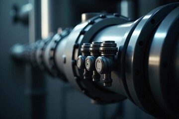 Fototapeta premium Closeup of large industrial metallic pipe with valve knobs and flange connection in a dark factory interior environment