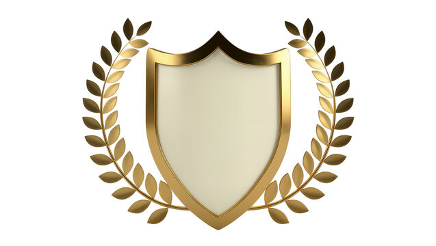 Golden shield with laurel wreath, isolated on transparent background