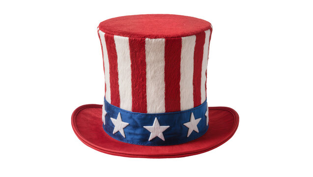Red and white striped Uncle Sam top hat with blue band and white stars, isolated on transparent background