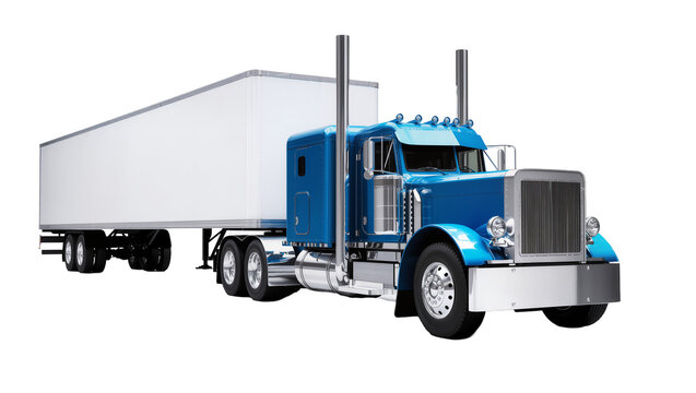 Blue semi-truck tractor with a long white trailer, isolated on transparent background