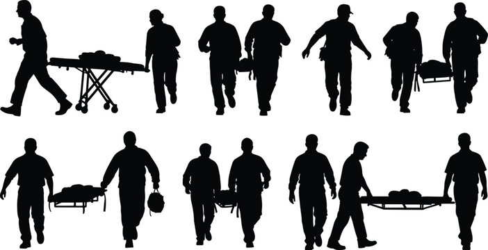 Emergency paramedic silhouettes set running and carrying medical stretchers for patient rescue isolated on white background