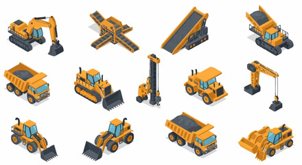 Collection of colorful isometric construction vehicles and equipment. © Bunga