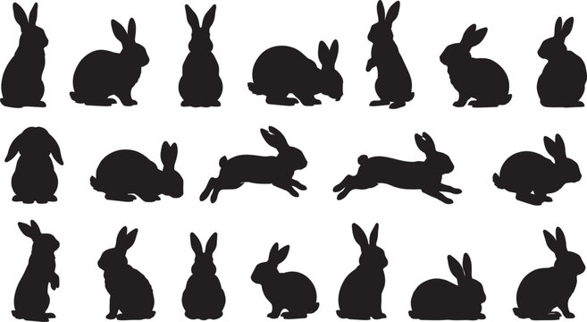 Collection of bunny and rabbit silhouettes including sitting, running and standing poses