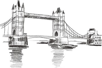 Obraz premium Black and White Sketch of Historic Tower Bridge Over River with Boats in London
