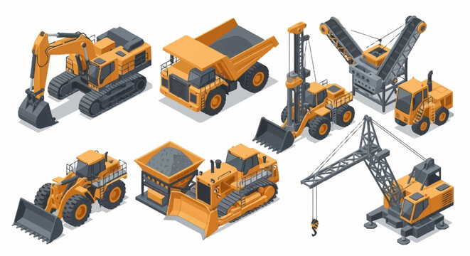 Collection of heavy construction machinery and equipment illustrations.