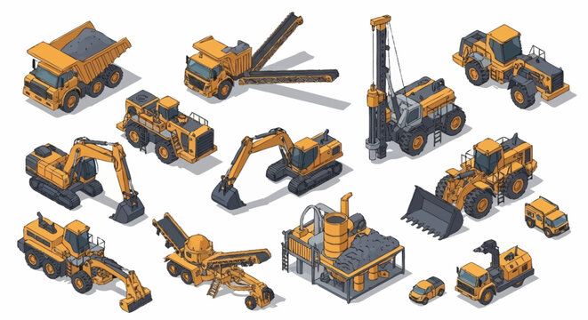 Collection of colorful construction vehicles in isometric style.