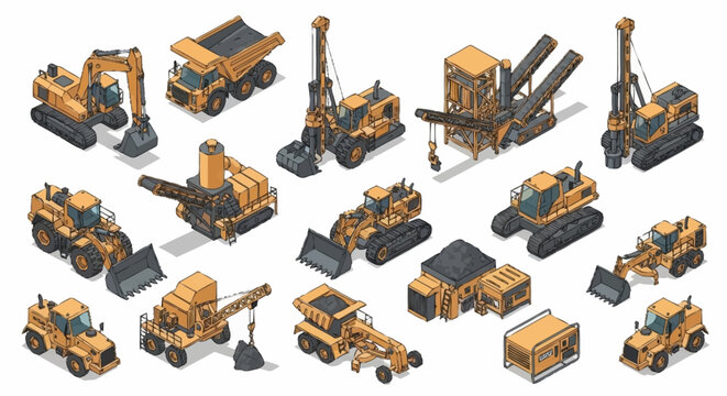 Collection of orange construction vehicles in isometric style.