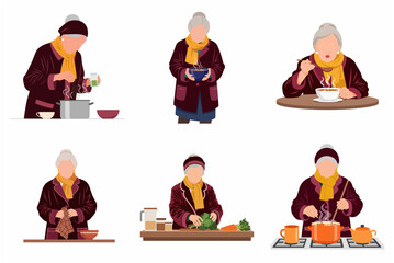 Fototapeta premium Senior Woman Cooking and Eating Warm Soup Vector Illustration Set, Elderly Lady Preparing Healthy Meals in the Kitchen