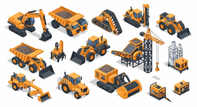 Collection of orange construction vehicles and equipment in isometric style.