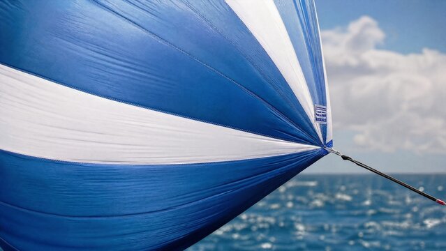 Close-up of taut spinnaker sail fabric bulging under strong wind.