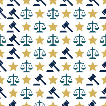 Seamless pattern of law symbols: scales of justice, gavel, and stars in blue, green, and gold on white