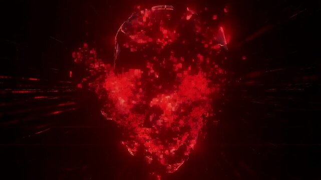 Futuristic digital skull transition: glowing red pixels merge into dynamic formation