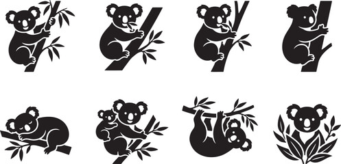 Cute koala bears climbing eucalyptus tree branches black silhouettes © HM