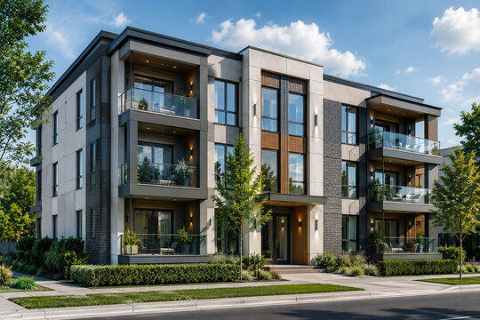 Modern Three Story Apartment Building with Contemporary Facade Design and Luxury Balconies. Modern three story apartment building with elegant contemporary facade, large panoramic windows.